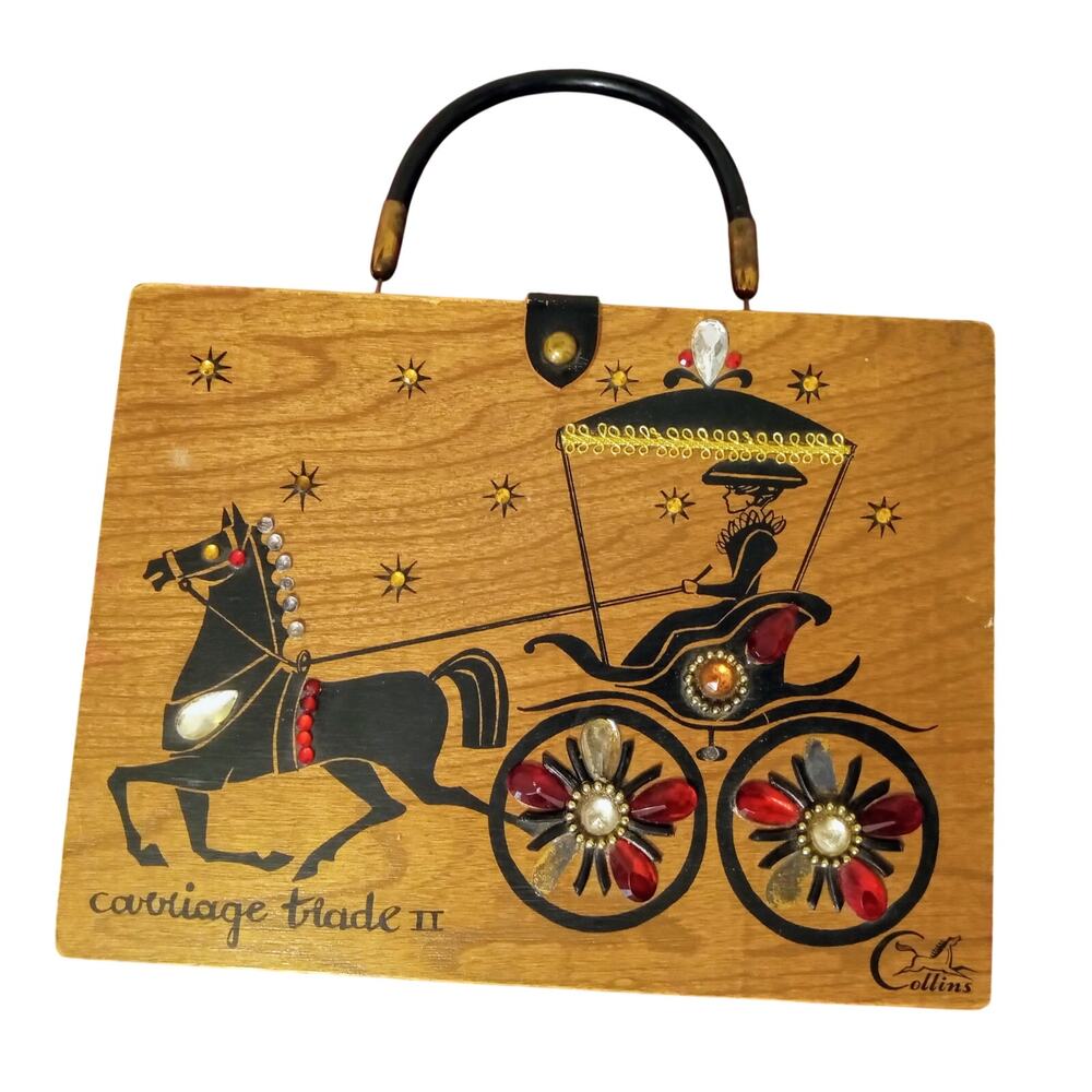 Vintage 1960s Enid Collins Carriage Trade II Wooden Box Bag Purse Horse Carriage